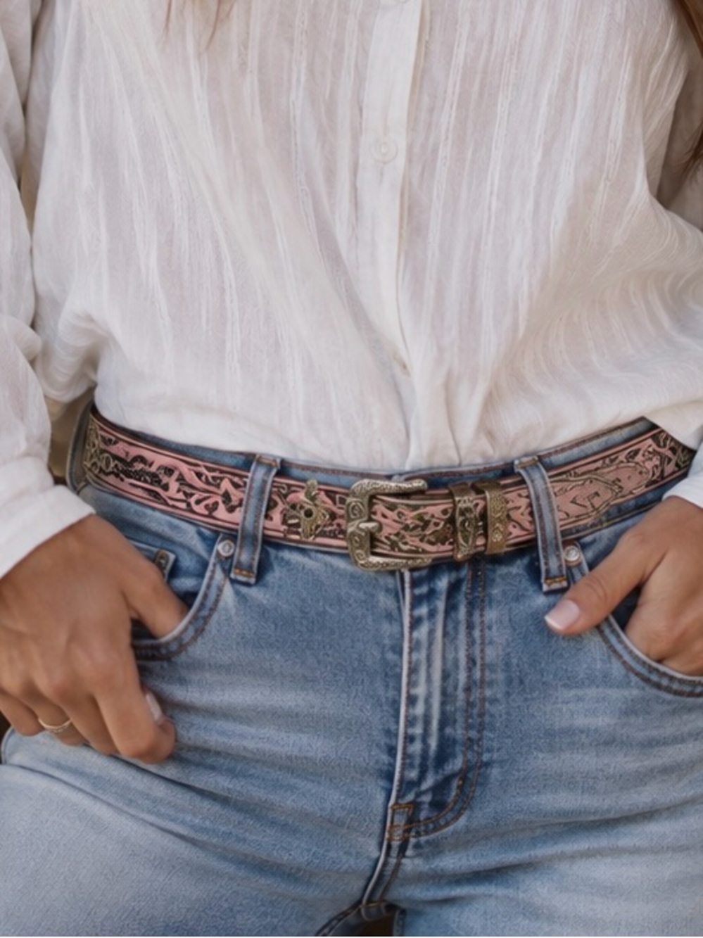 Pink Brown Embossed Leather Western Belt Floral Scroll Silver Tone Buckle Women’